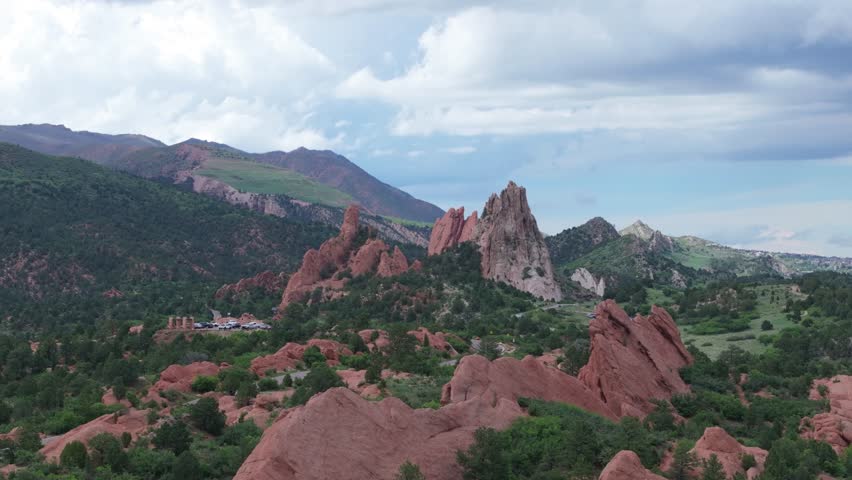 Garden of The Gods, Colorado, United States. Aerial pull back from spectacular rock formation and natural landscape.