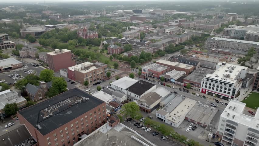 Auburn, Alabama downtown skyline with drone video moving in.