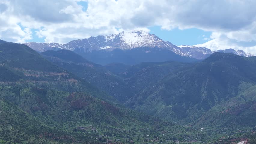 Summit of Pikes Peak in Colorado Springs, aerial panoramic natural landscape of United States.