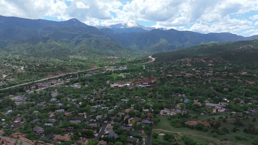 United States aerial landscape of Pikes Peak and mountain surroundings in Colorado Springs.