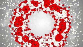 Floral round frame spring background. Small flying white daisies and red poppy flowers with abstract particles. Looped holiday animation. - Powered by Shutterstock - Get 15% off with code: PIKWIZARD15