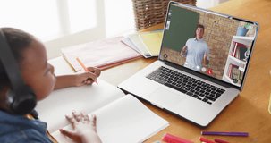 African american girl using laptop for online lesson with caucasian male teacher on screen. Communication, technology, school, learning and online education, digital composite video.