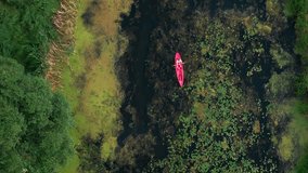 Top view of woman paddling on red kayak in river at summer. Vertical video. Travel adventures. Active lifestyle. Outdoor recreation activity. Water sports. Person kayaking on water, aerial drone view