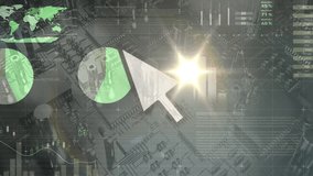 Animation of statistical data processing and light spot against close up of a circuit board. Computer interface and business data technology concept - Powered by Shutterstock - Get 15% off with code: PIKWIZARD15
