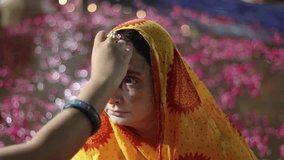 devotee doing holy rituals at festival from different angle video is taken on the occasions of chhath festival which is used to celebrate in north india on Oct 28 2022.
