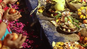 offerings for god during holy rituals at festival from different angle video is taken on the occasions of chhath festival which is used to celebrate in north india on Oct 28 2022.