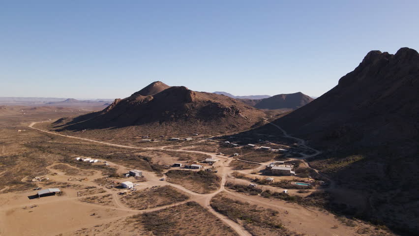 Aerial Drone Fly Above Big Bend National Park Desert Landscape, Travel and Tourism Destination in Texas, United States, Camping Site