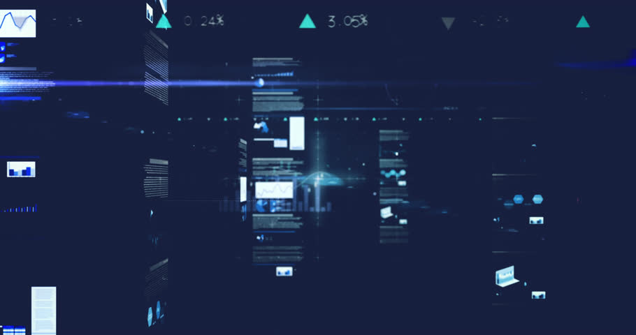 Animation of statistical data processing and light spot against blue background. Computer interface and business data technology concept