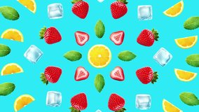 Looped Strawberry Lemons Mints Animation. 4K Fresh Summer Strawberry Lemons Mints Looping Animation. Summer Time Creative Animated Pattern Design. Organic Natural Lemon Fruits. Summer Motion Graphics