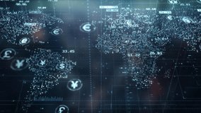 Global currencies exchange on abstract digital world map background. Stock market investment and trading concept. Transfer money technology and CBDC payments worldwide. Online banking account - Powered by Shutterstock - Get 15% off with code: PIKWIZARD15