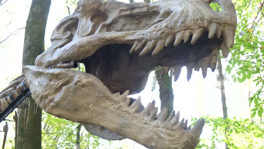 Mockups of the skeleton of the head of a scary big dinosaur on the background of the forest.