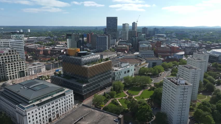 Aerial view of the library of Birmingham, Baskerville House, Centenary Square, Birmingham, West Midlands, England, United Kingdom.