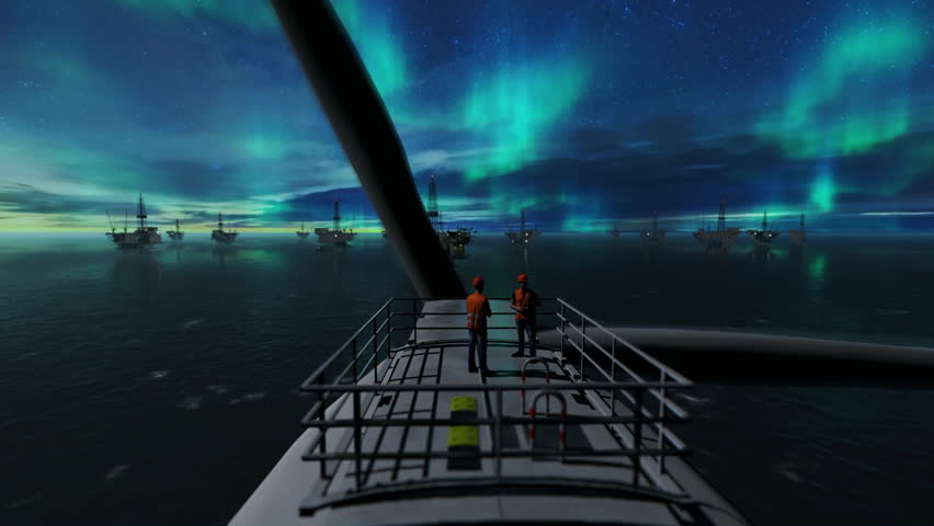 Maintenance worker on a offshore wind turbine with oil rigs against starry sky and northern lights