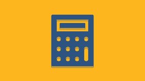 Blue Calculator icon isolated on orange background. Accounting symbol. Business calculations mathematics education and finance. 4K Video motion graphic animation .