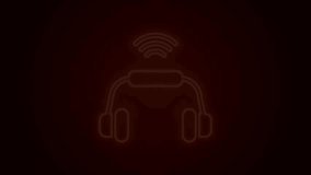 Glowing neon line Smart headphones system icon isolated on black background. Internet of things concept with wireless connection. 4K Video motion graphic animation.