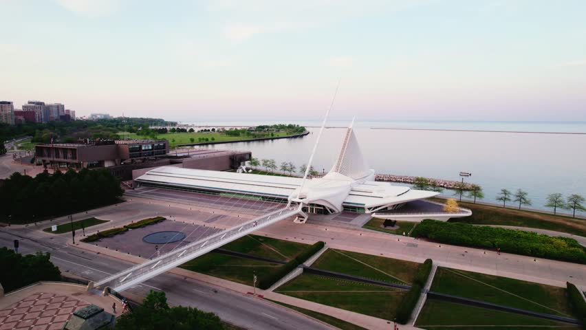 cinematic aerial of milwaukee wisconsin, USA. Sunset - golden hour. Drone 4k