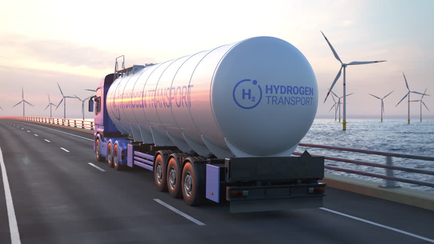 Generic electric semi truck with hydrogen tank trailer driving along a bridge or coastal road into the sunset with wind turbines in background. Green energy concept. Realistic 3d rendering animation. Royalty-Free Stock Footage #1105057003