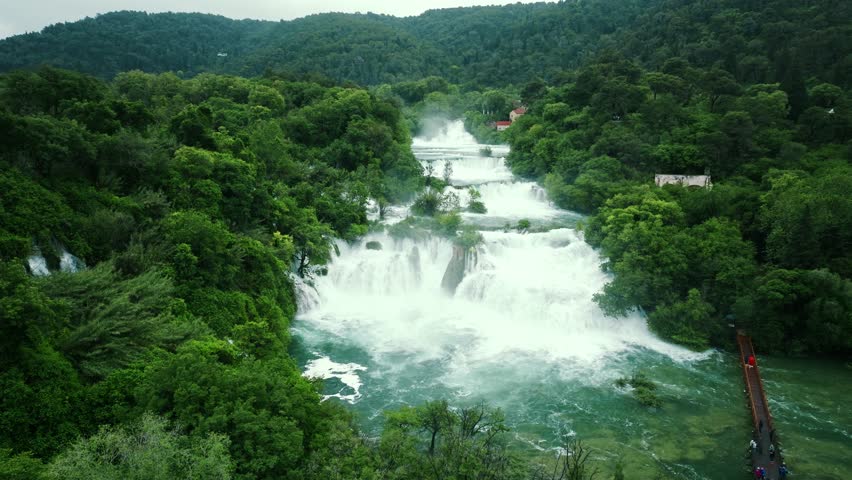 Aerial view of amazing Skradinski buk waterfall in Krka National Park, Croatia.