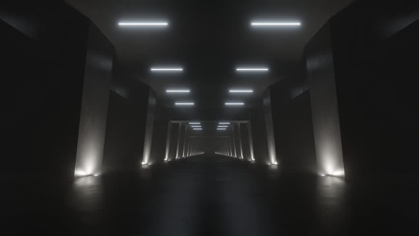 3d render of abstract dark concrete interior tunnel with lighting. Loop animation.