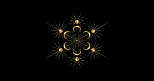 3d animation of gold flower mandala, moon and sun, Mystical wiccan Sacred geometry. Looping Video of golden magic pagan symbols in motion isolated on black background 