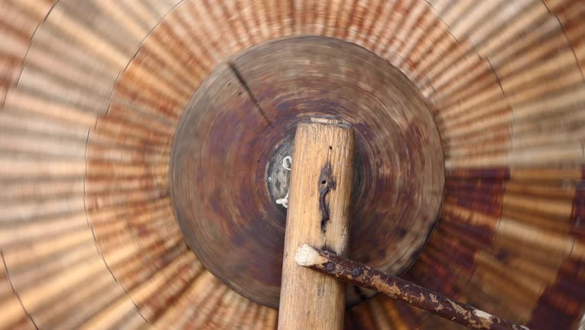 close-up spinning old wooden wheel
