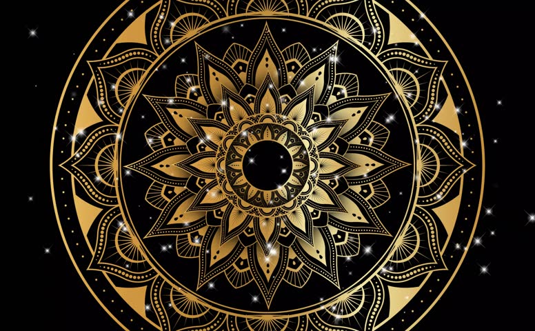 Mosaic Mandala video Moving hypnotic spiral illustration. Gold and Black colors. With white stars Video animation 4K. Psychedelic and slow rotation. Royalty-Free Stock Footage #1105062627
