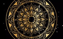 Mosaic Mandala video Moving hypnotic spiral illustration. Gold and Black colors. With white stars Video animation 4K. Psychedelic and slow rotation.