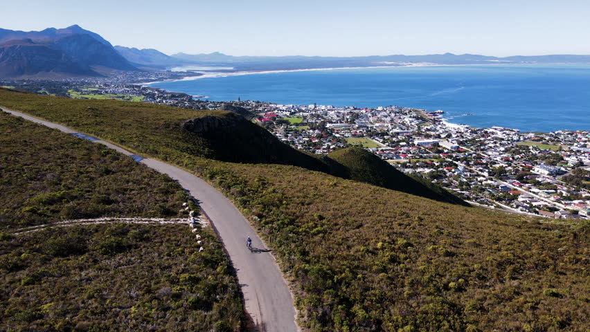 Cyclist on MTB rides Rotary Drive mountain road overlooking Walker Bay, Hermanus Royalty-Free Stock Footage #1105066727