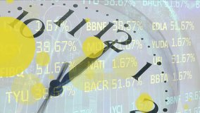 Animation of stock maket data processing against close up of a ticking clock. Global economy and business technology concept - Powered by Shutterstock - Get 15% off with code: PIKWIZARD15