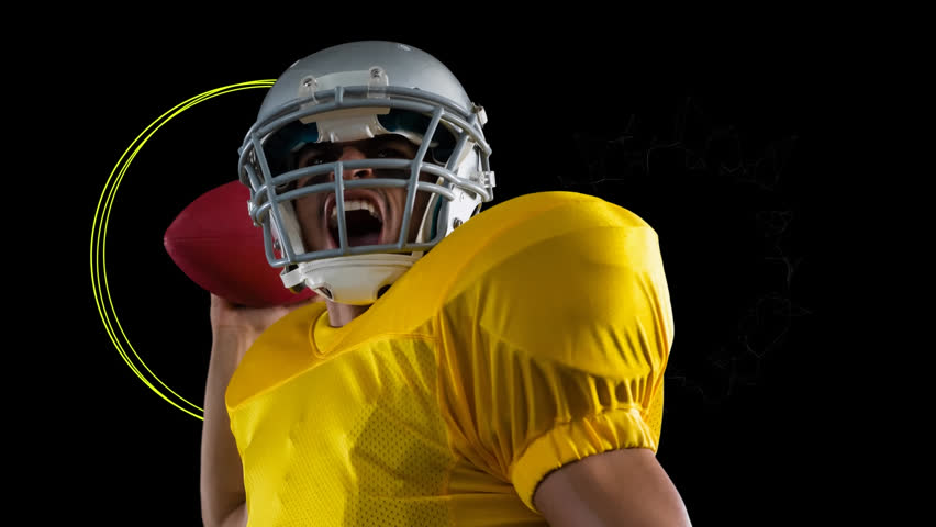 Animation of african american male rugby player throwing a ball against colorful abstract shapes. Sports and fitness technolgy concept - Powered by Shutterstock - Get 15% off with code: PIKWIZARD15