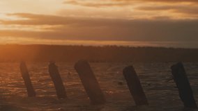 Salt pillars in the lake at sunset