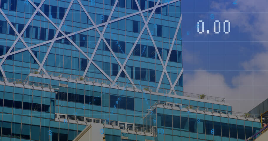 Animation of data processing over tall buldings against blue sky. Computer interface and business technology concept
