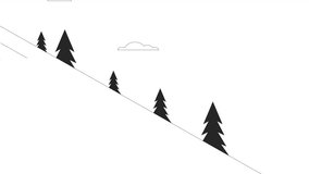 Animated bw ski slope. Snow mountain isolated 2D animation. Ski trail. Riding down. Snow hill. Monochrome thin line cartoon background 4K video footage, alpha channel transparency for web design
