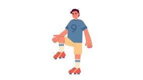 Soccer player exercising animation. Animated isolated 2D football coach. Kicking training. Cartoon flat character 4K video footage, white background, alpha channel transparency for web design