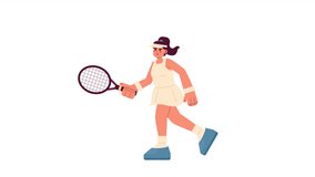 Animated girl tennis player. Athlete swinging racket isolated 2D animation. Individual sports. Cartoon flat character 4K video footage, white background, alpha channel transparency for web design