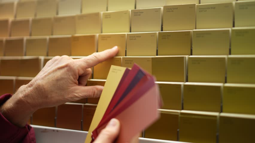 Woman looking at paint chips in a hardware store. Concept of home remodeling shopping experience. Royalty-Free Stock Footage #1105074953