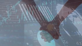 Animation of graphs, globe and trading board over diverse couple holding hands against sky. Digital composite, multiple exposure, globalization, love, togetherness, report and stock market concept. - Powered by Shutterstock - Get 15% off with code: PIKWIZARD15