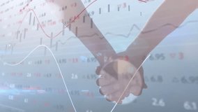 Animation of graphs, trading board over diverse couple holding hands against sky. Digital composite, multiple exposure, love, togetherness, report, business and stock market concept. - Powered by Shutterstock - Get 15% off with code: PIKWIZARD15