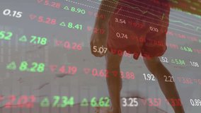 Animation of trading board, low section of man with surfboard going for surfing in water at beach. Digital composite, multiple exposure, business, sports and stock market concept. - Powered by Shutterstock - Get 15% off with code: PIKWIZARD15