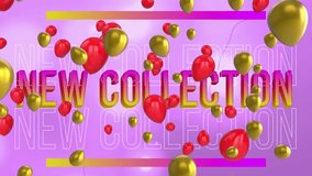 Animation of red and golden balloons over new collection texts against purple background. Digitally generated, hologram, illustration, party, stock, accumulation, abstract and celebration concept. - Powered by Shutterstock - Get 15% off with code: PIKWIZARD15