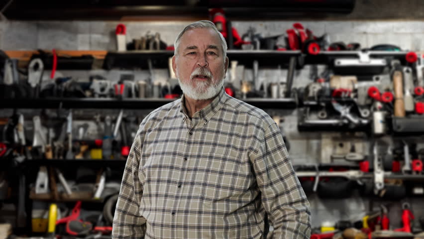 Angry grandpa in garage with tools Royalty-Free Stock Footage #1105076973