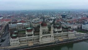 Aerial video of the Hungarian Parliament building. Panorama of the city. View on the Danube River. Budapest Hungary