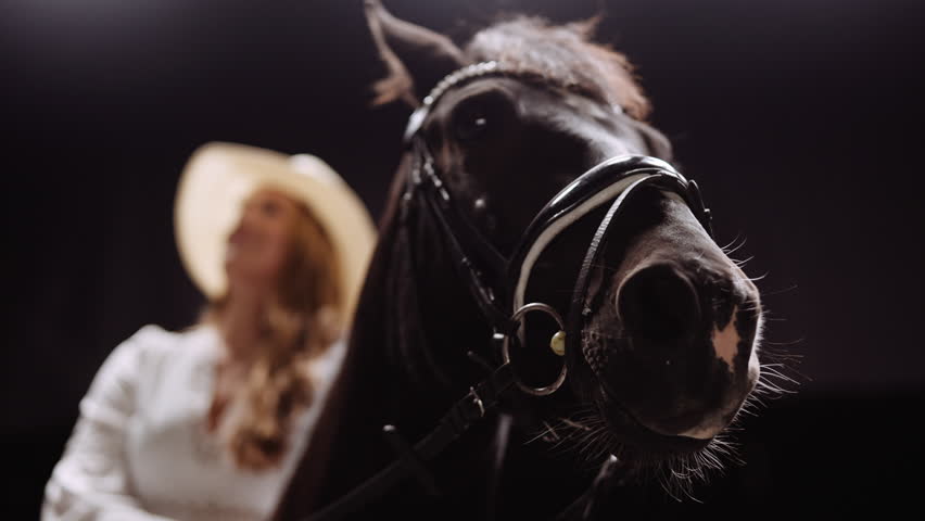 Portrait Of A Horse And Young Lady In a Studio. Girl Wearing White Dress and Hat Laying Down on a Horse Against Black Background. Slow Motion Shot. Focus Is on the Horses Face