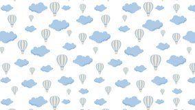 Animated Flat Pattern Design Air Balloons with Clouds Flying on White Background. Layout or Banner Animation Template for Website videos or Tv Hot Air Balloon with Flat Clouds. Transportation concept.