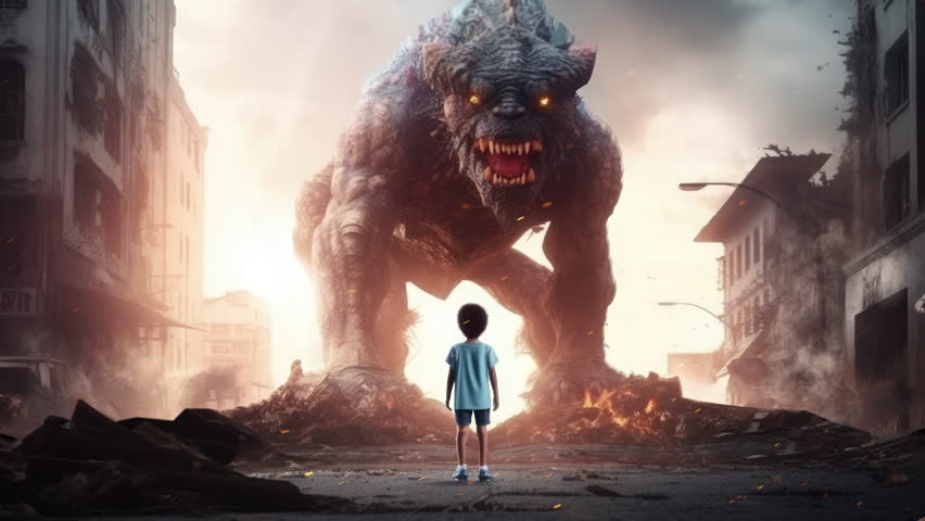 A Child Standing In Front Of A Giant War Monster In A Demolished City Courage Facing Fears Childhood Royalty-Free Stock Footage #1105090283