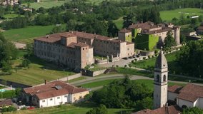 Agazzano castle in Province of Piacenza in Italy. Aerial circling