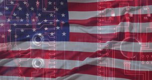 Animation of computer circuit board with data processing and flag of usa. Global business, computing, transfer and data processing concept digitally generated video.