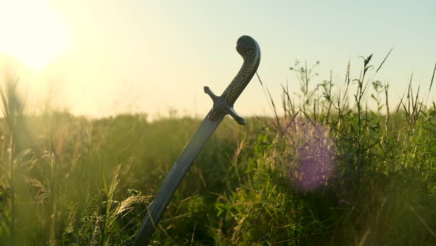 The saber of the Ukrainian Cossacks is stuck in the ground, among the grass, against the background of the sunset. The concept of freedom.