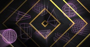 Animation of 3d geometric shapes over gold line squares on black background. Digital interface, design, technology and retro future concept digitally generated video.