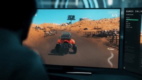 Enjoying the gaming hobby by playing a modem racing simulator desert mission. Streamer with a gaming hobby racing a buggy car on a desert map. Player with gaming hobby completing a drifting race.